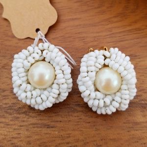 Vintage Seed Bead and Faux Pearl Clip On Earrings